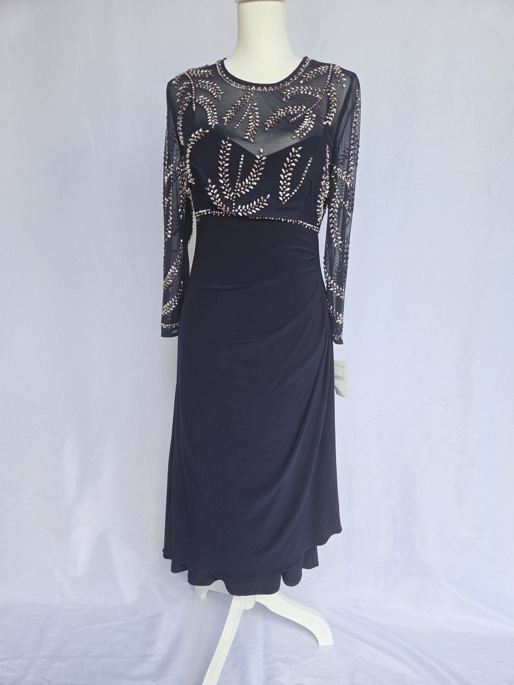 Betsy & Adam Black Long-Sleeve Embellished Mesh Yoke Maxi Dress